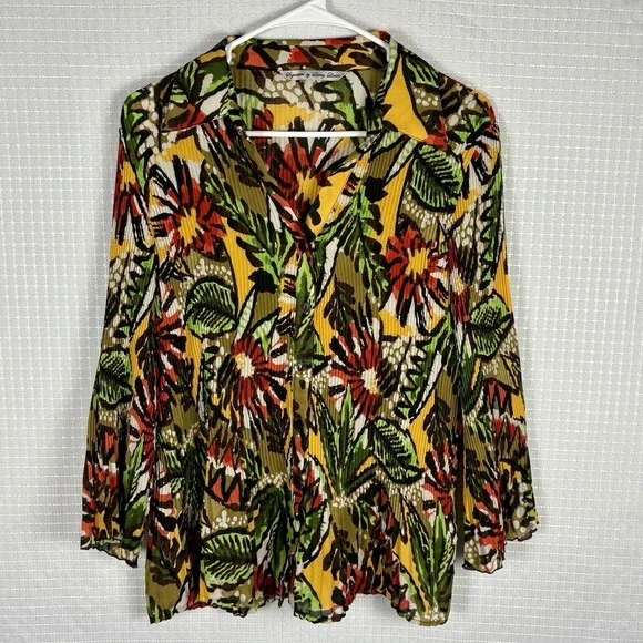 Signature Larry Levine Womens‎ Button Up Top Size L Botanical Artsy Earthy - Picture 1 of 7